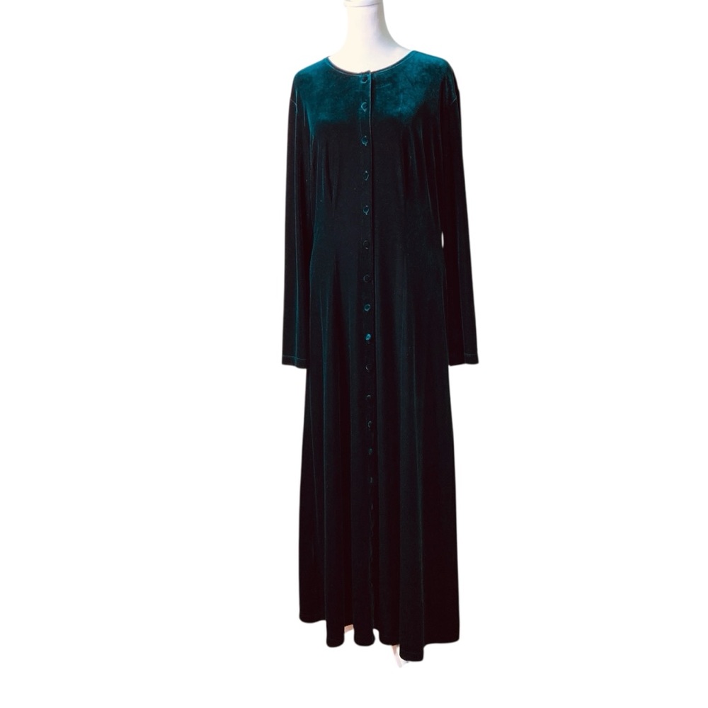 The Territory Ahead Green Velvet Maxi Shirt Dress Button Front (Size L)